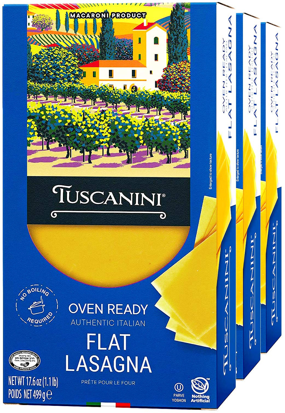 Tuscanini oven-ready lasagna package highlighting premium durum wheat for quicker weeknight dinners.