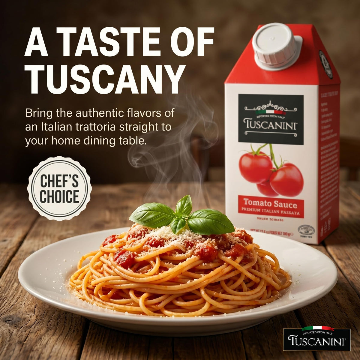 Tuscanini carton packaging shows BPA-free and non-GMO features