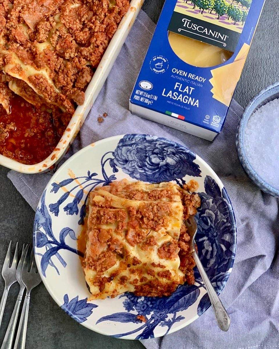 Tuscanini premium durum wheat lasagna dry noodles ready to bake in minutes.