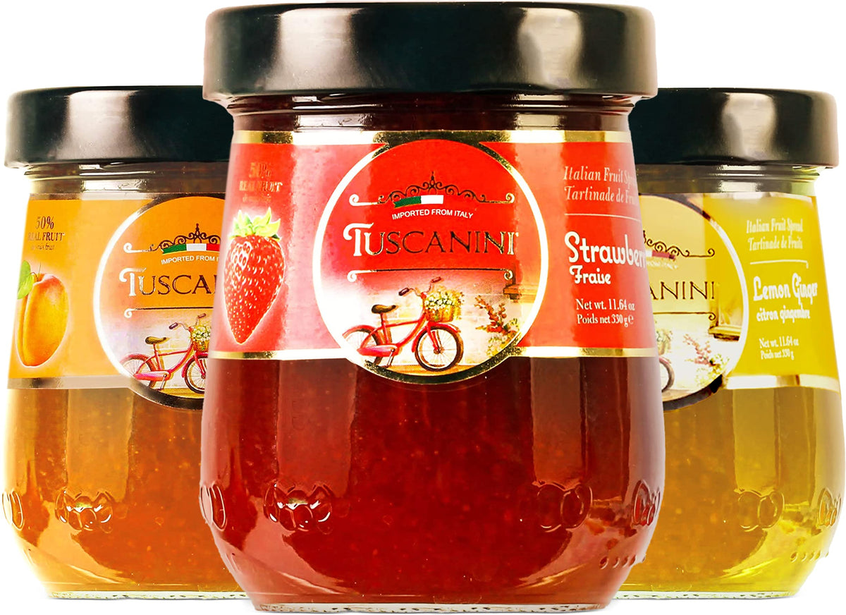 Tuscanini apricot jam jar close-up, natural fruit spread ideal for toast or yogurt