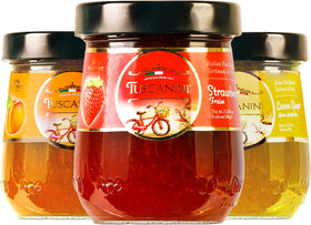 Tuscanini apricot jam jar close-up, natural fruit spread ideal for toast or yogurt
