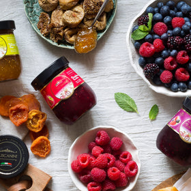Tuscanini strawberry jam jar close-up, vibrant spread for breakfast and desserts