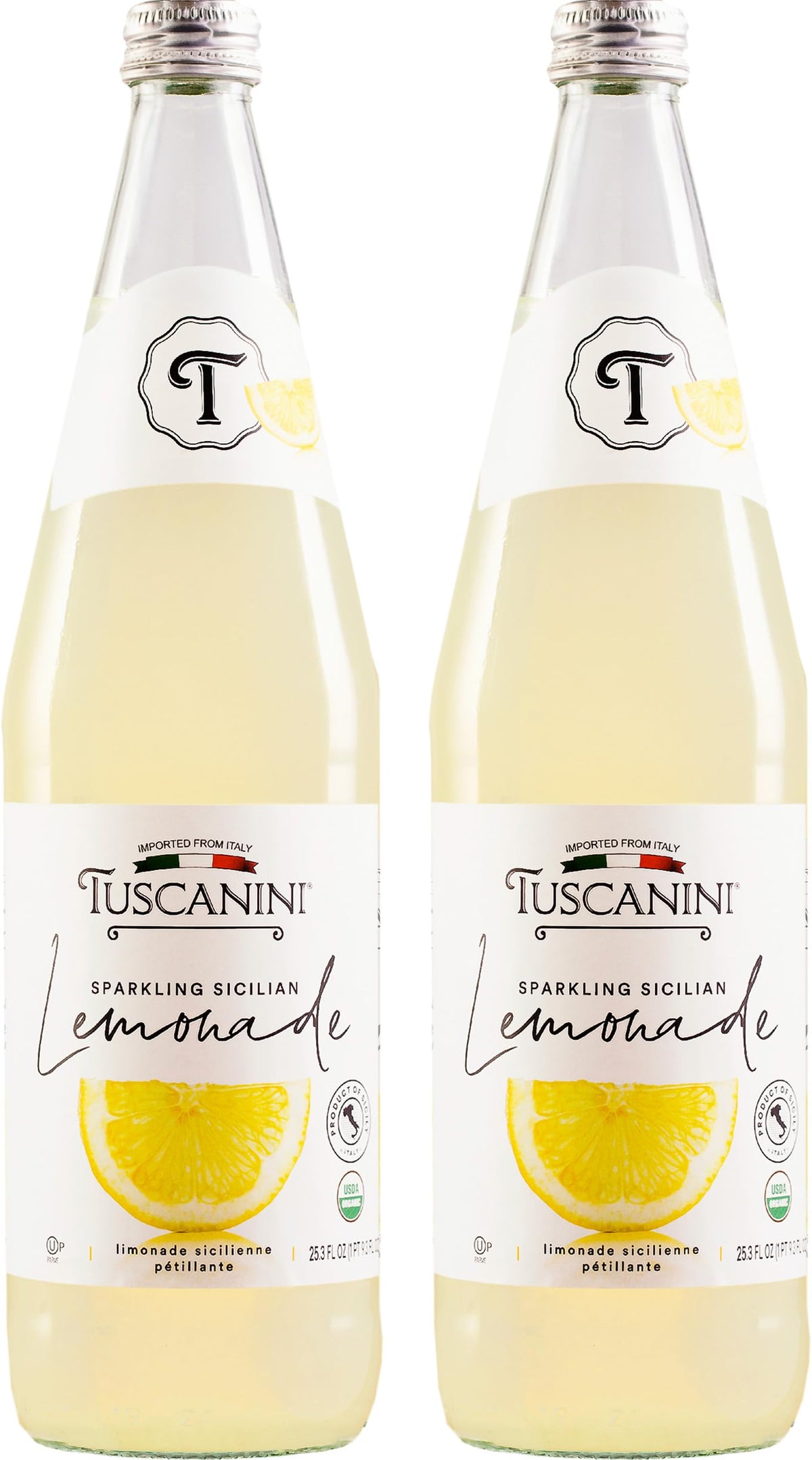 Tuscanini Premium Organic Sparkling Lemonade bottle tilt highlights fresh citrus flavor and refreshment.