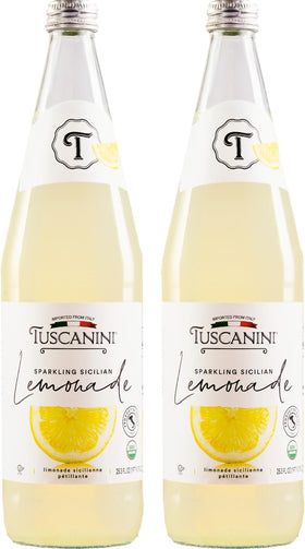 Tuscanini Premium Organic Sparkling Lemonade bottle tilt highlights fresh citrus flavor and refreshment.