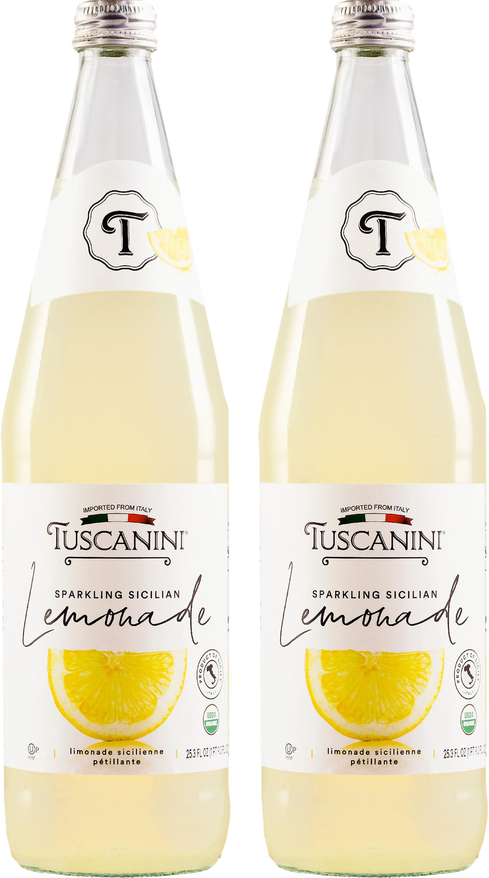 Tuscanini Premium Organic Sparkling Lemonade bottle tilt highlights fresh citrus flavor and refreshment.