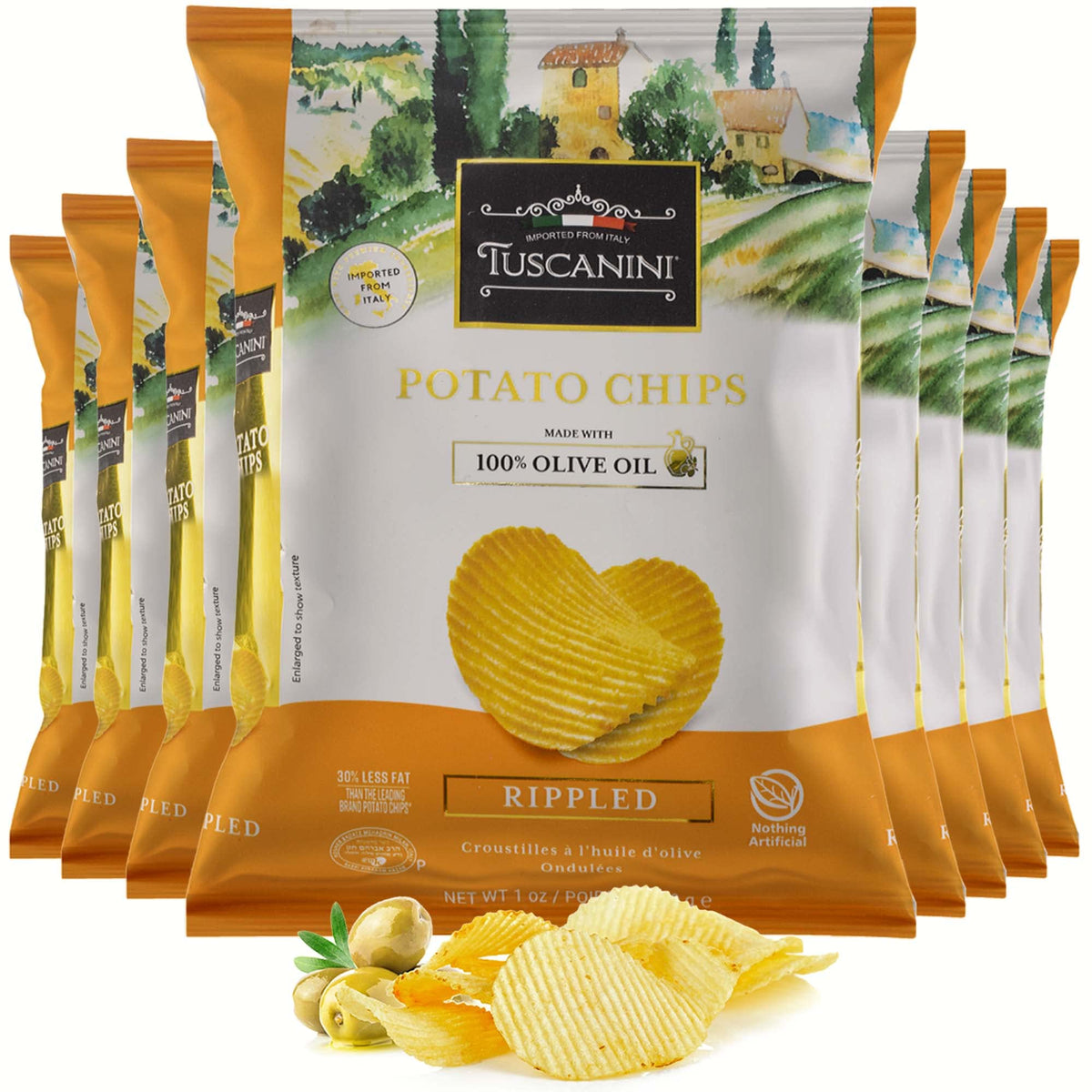 Tuscanini Ripples chips olive oil close-up, rich texture ideal for dipping