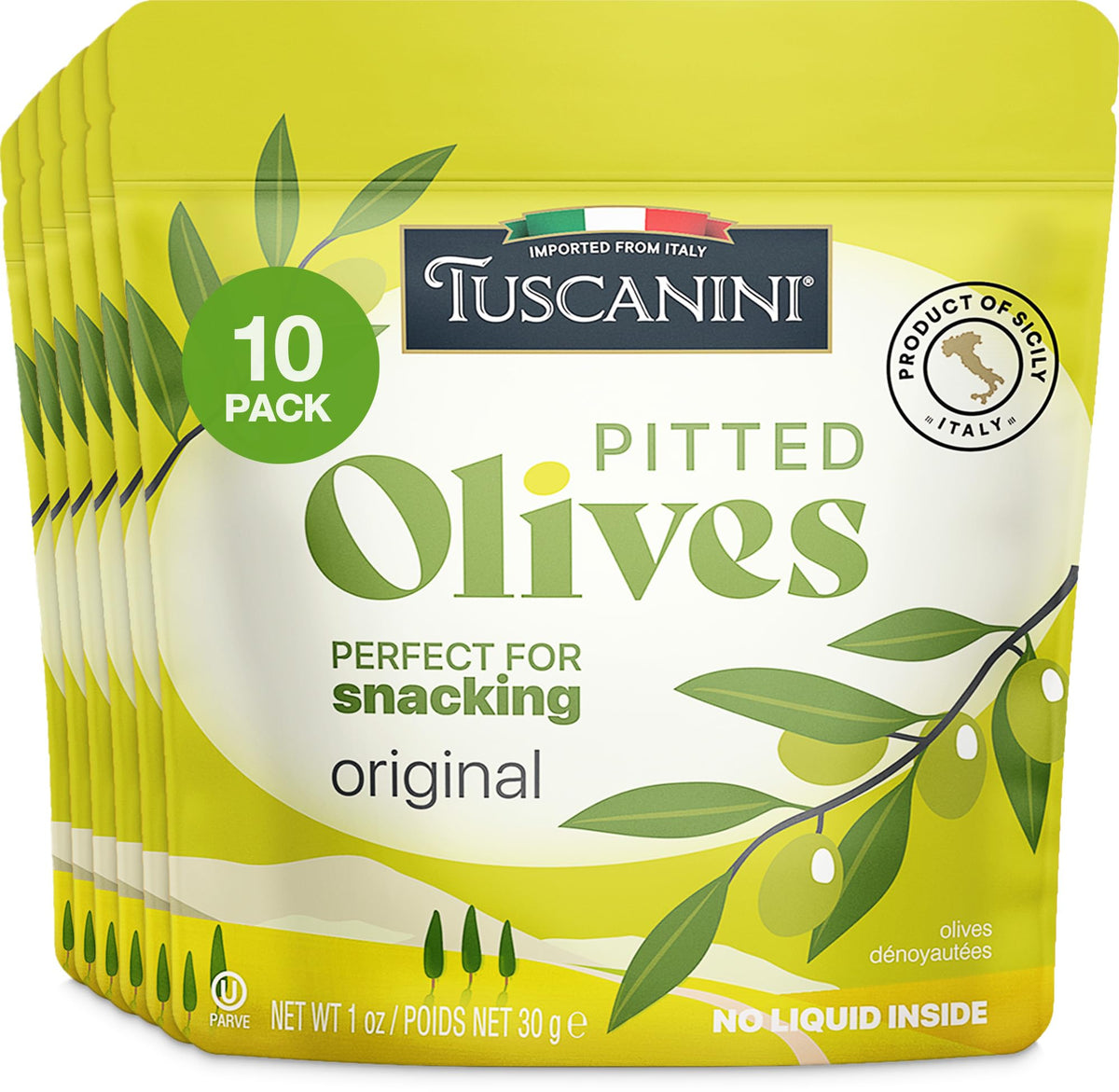 Tuscanini Snack Olives Original Pack – convenient, oil-free snack for busy days.