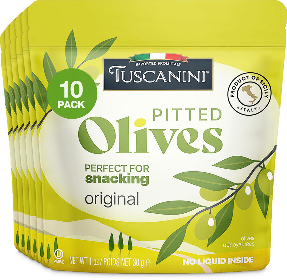 Tuscanini Snack Olives Original Pack – convenient, oil-free snack for busy days.