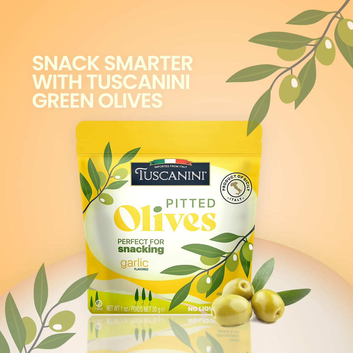 Tuscanini snack olives packaging highlighting oil-free, simple ingredients.