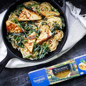 Cooked Tuscanini spaghetti on plate ready in 9-12 minutes