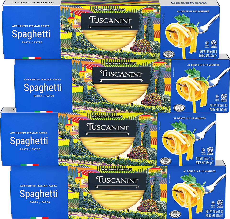 Tuscanini spaghetti pasta package front showing premium durum wheat for authentic flavor