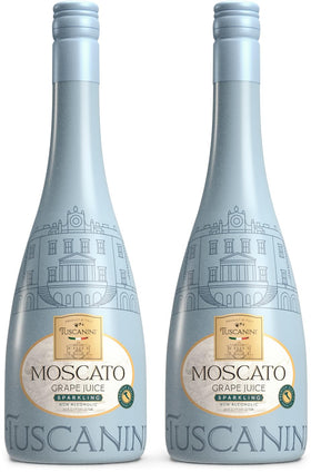 Tuscanini Sparkling Moscato bottle foreground for festive non-alcoholic toasts.