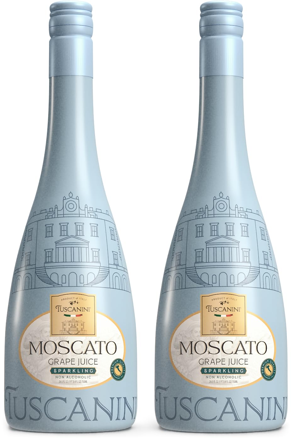 Tuscanini Sparkling Moscato bottle foreground for festive non-alcoholic toasts.