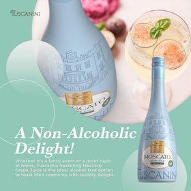 Two crystal flutes with Tuscanini Moscato, ideal for celebratory mocktails and gatherings.