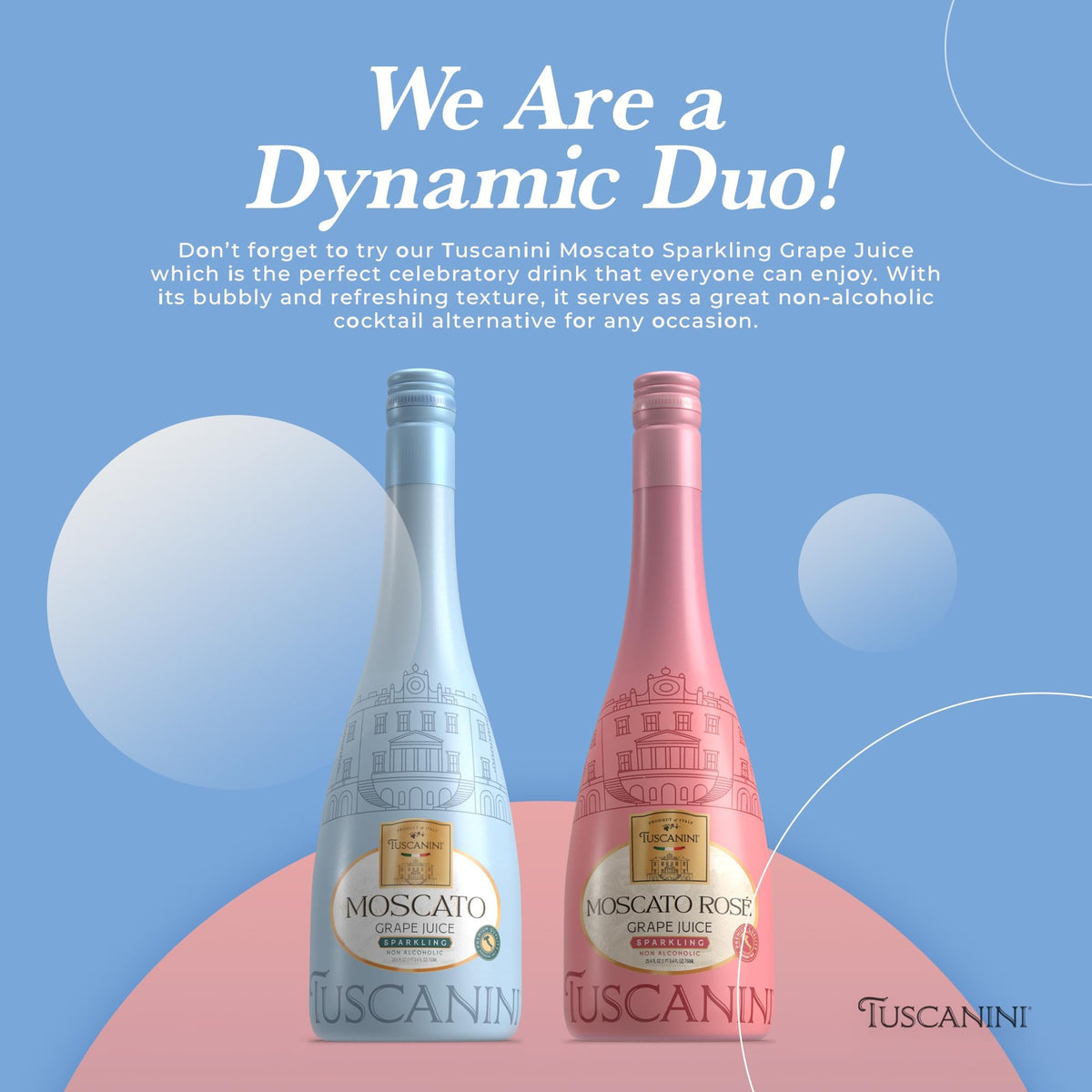Tuscanini Sparkling Rosé bottle front with floral aromas, perfect for festive gatherings.