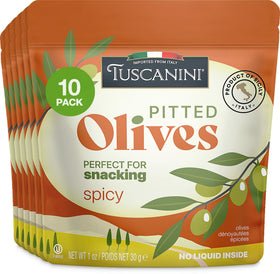 Tuscanini spicy olives in a resealable pouch for on-the-go snacking.