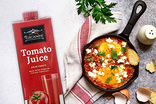 Tuscanini premium tomato juice pack label shows non-GMO and kosher certifications