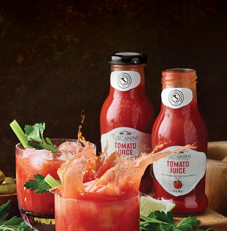 Tuscanini tomato juice being poured, ideal for cocktails and Bloody Marys