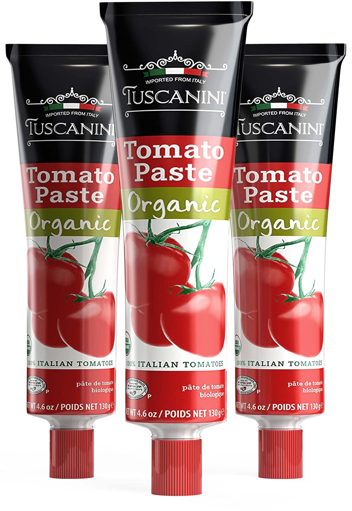 Tuscanini tomato paste tube front view showing rich color and Italian flavor