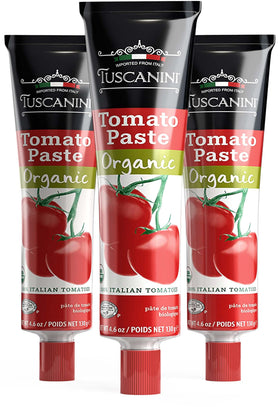 Tuscanini tomato paste tube front view showing rich color and Italian flavor