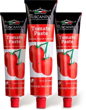Tuscanini tomato paste tube pack close-up for mess-free, measured pours.