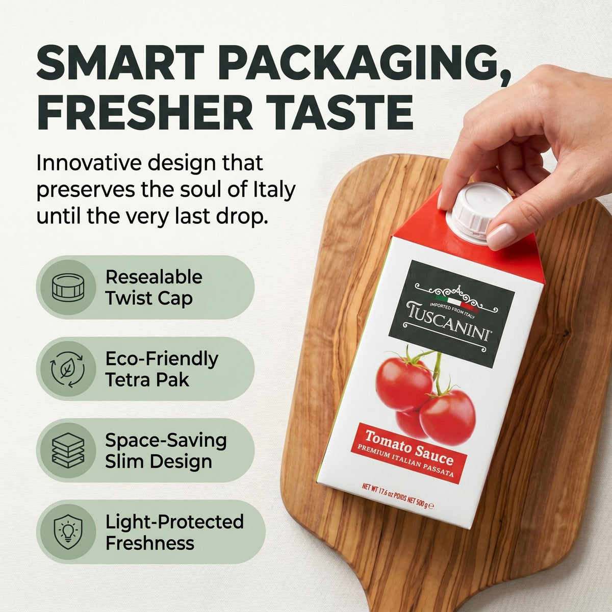 Label on Tuscanini tomato sauce notes kosher certification and natural ingredients
