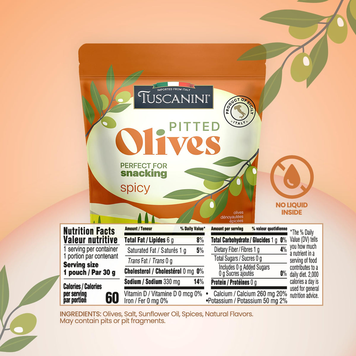 Tuscanini spicy olives perfect for picnics and office snacks.
