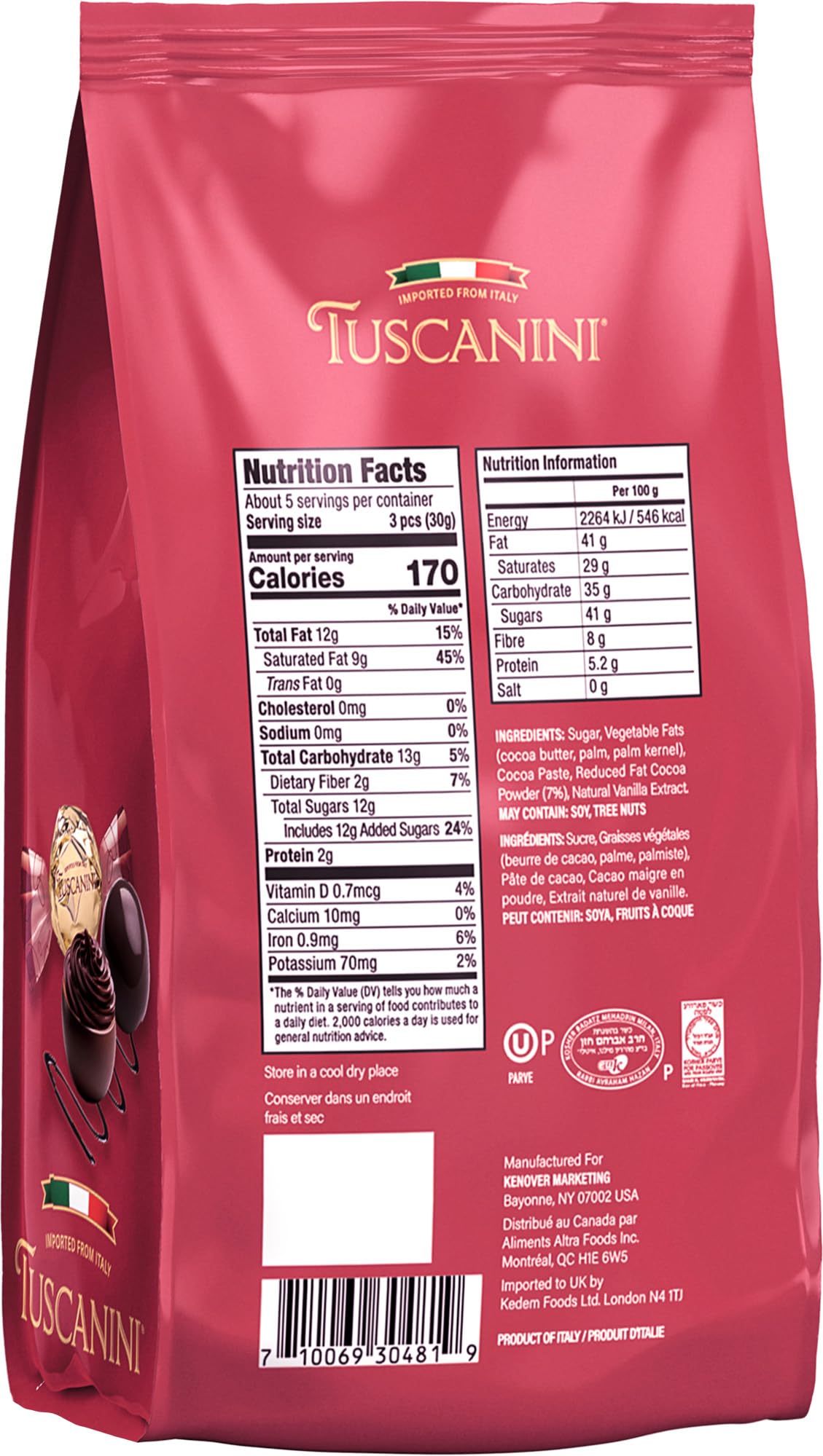Tuscanini Roma dark chocolate truffles with bold cocoa flavor, a gourmet treat.