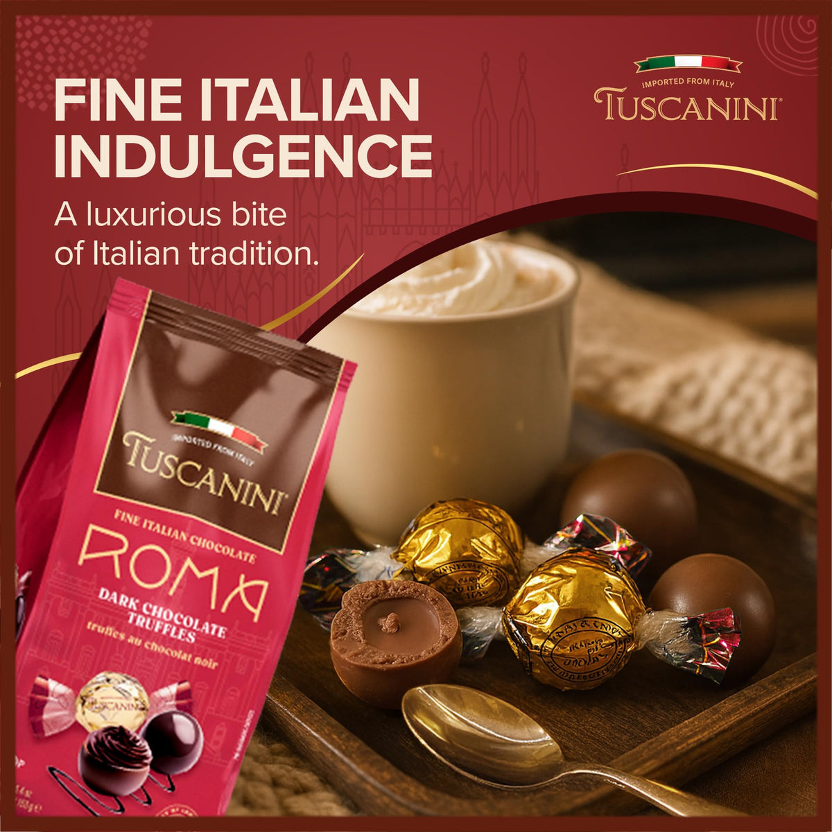 Tuscanini Venice hazelnut milk chocolate truffles with roasted nuts for texture.
