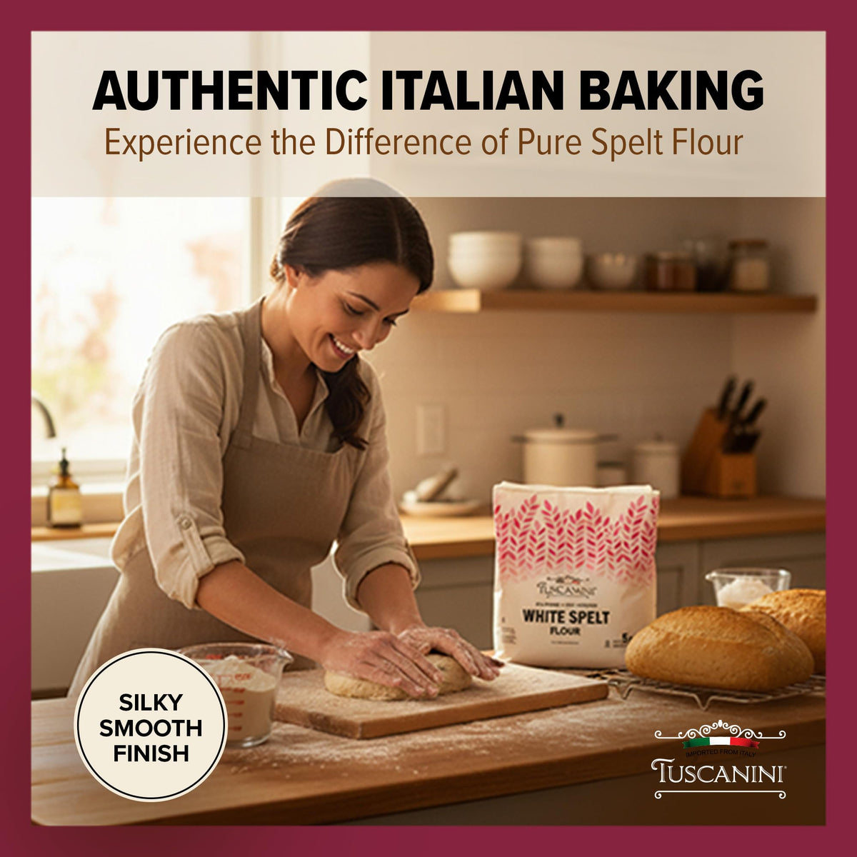 Poured Tuscanini spelt flour into bowl highlights nutty, sweet flavor potential.