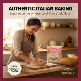 Poured Tuscanini spelt flour into bowl highlights nutty, sweet flavor potential.