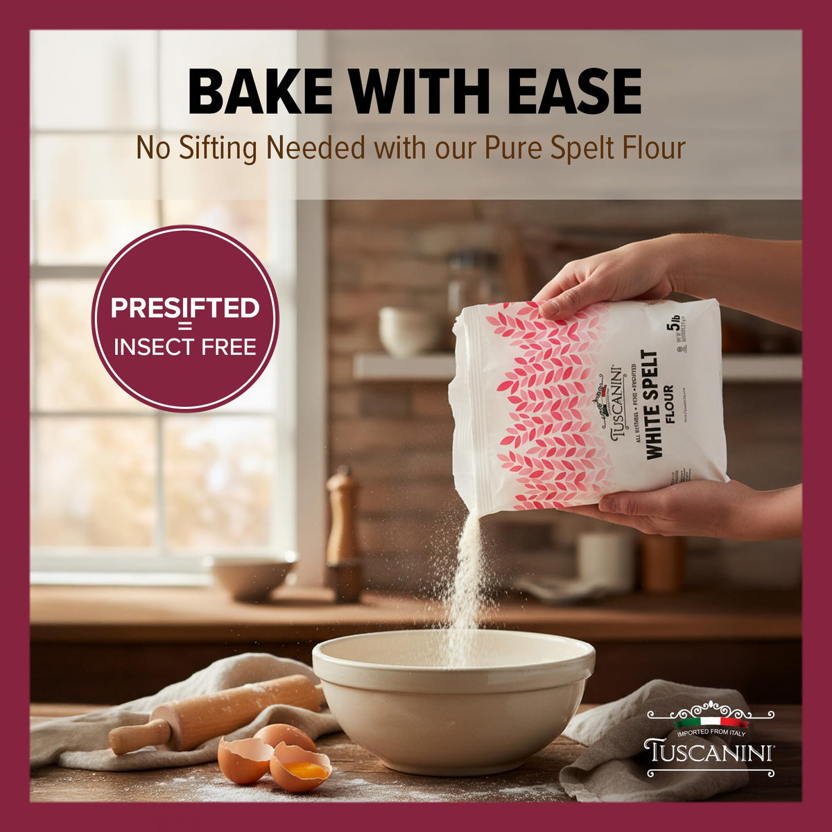 Close-up of presifted Tuscanini flour texture for smooth batter.