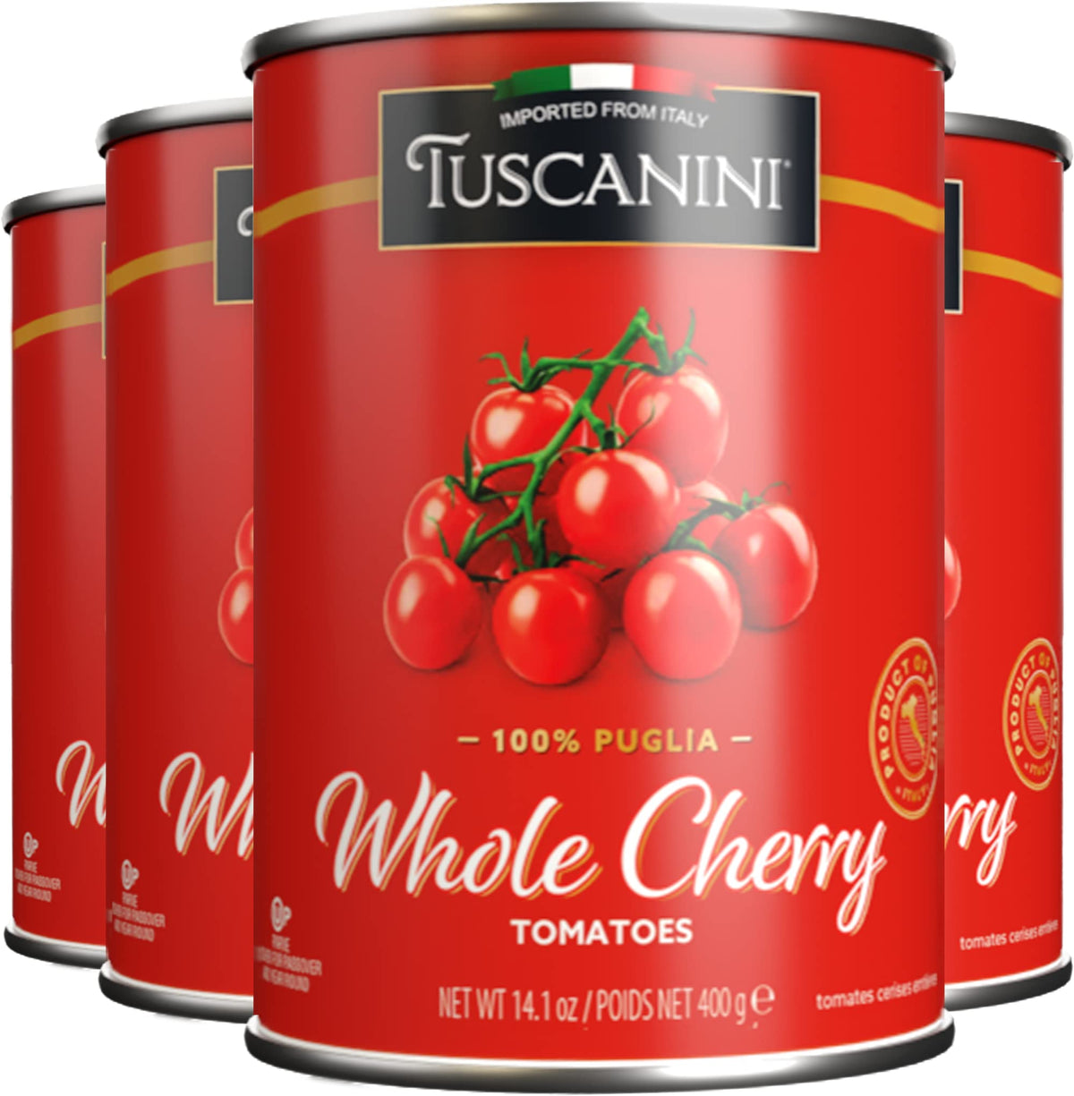 Tuscanini whole cherry tomatoes in a 4-pack can, close-up, perfect for quick sauces and antipasti