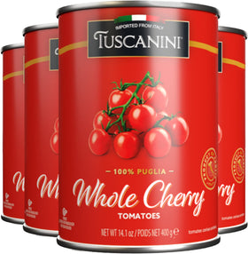 Tuscanini whole cherry tomatoes in a 4-pack can, close-up, perfect for quick sauces and antipasti