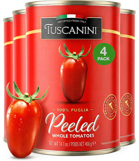 Tuscanini whole peeled tomatoes in a BPA-free can for authentic sauces.