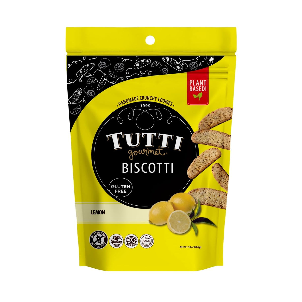 Tutti Gourmet gluten free lemon biscotti in resealable bag ready for snacking