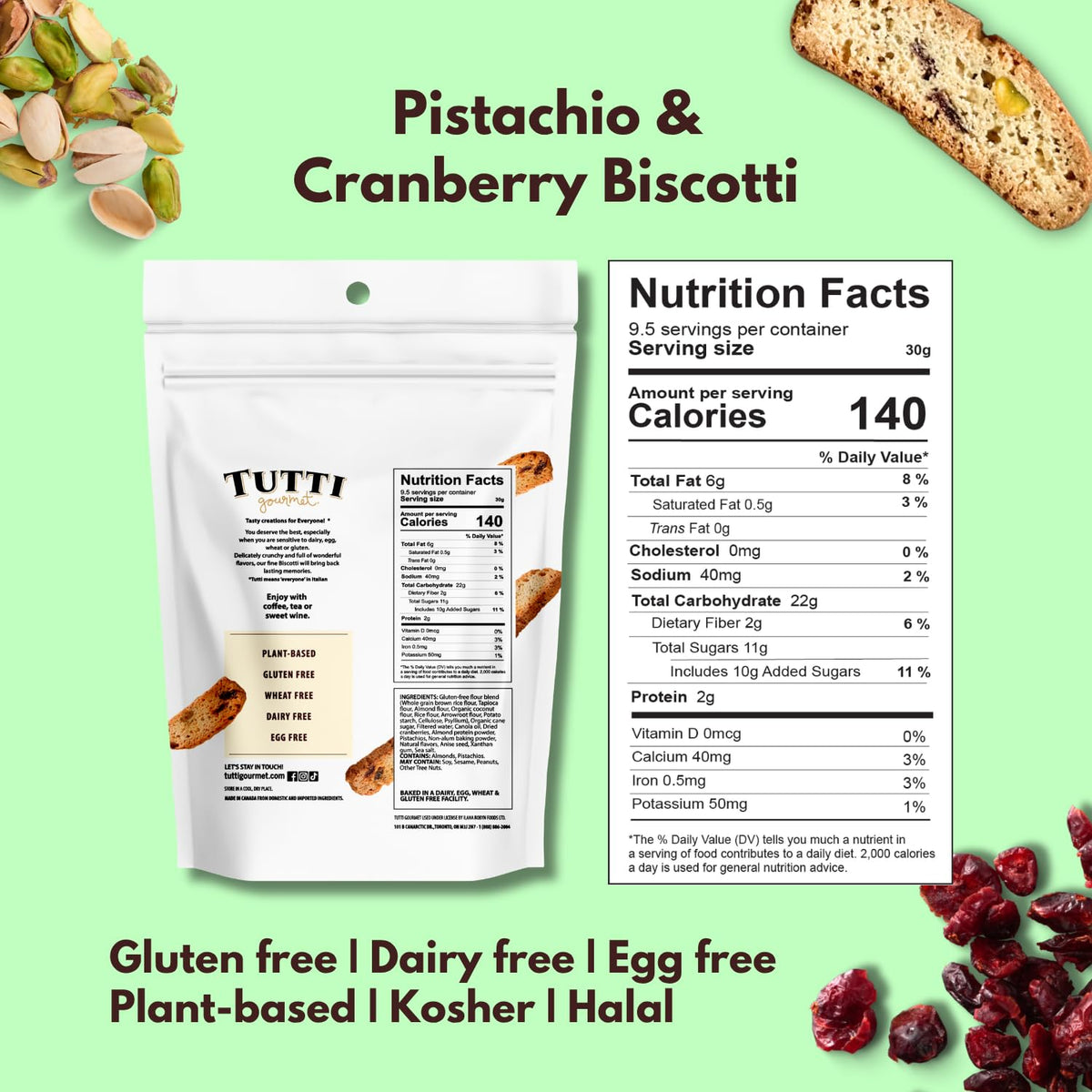 Tutti Gourmet pistachio cranberry biscotti as a gluten-free vegan snack