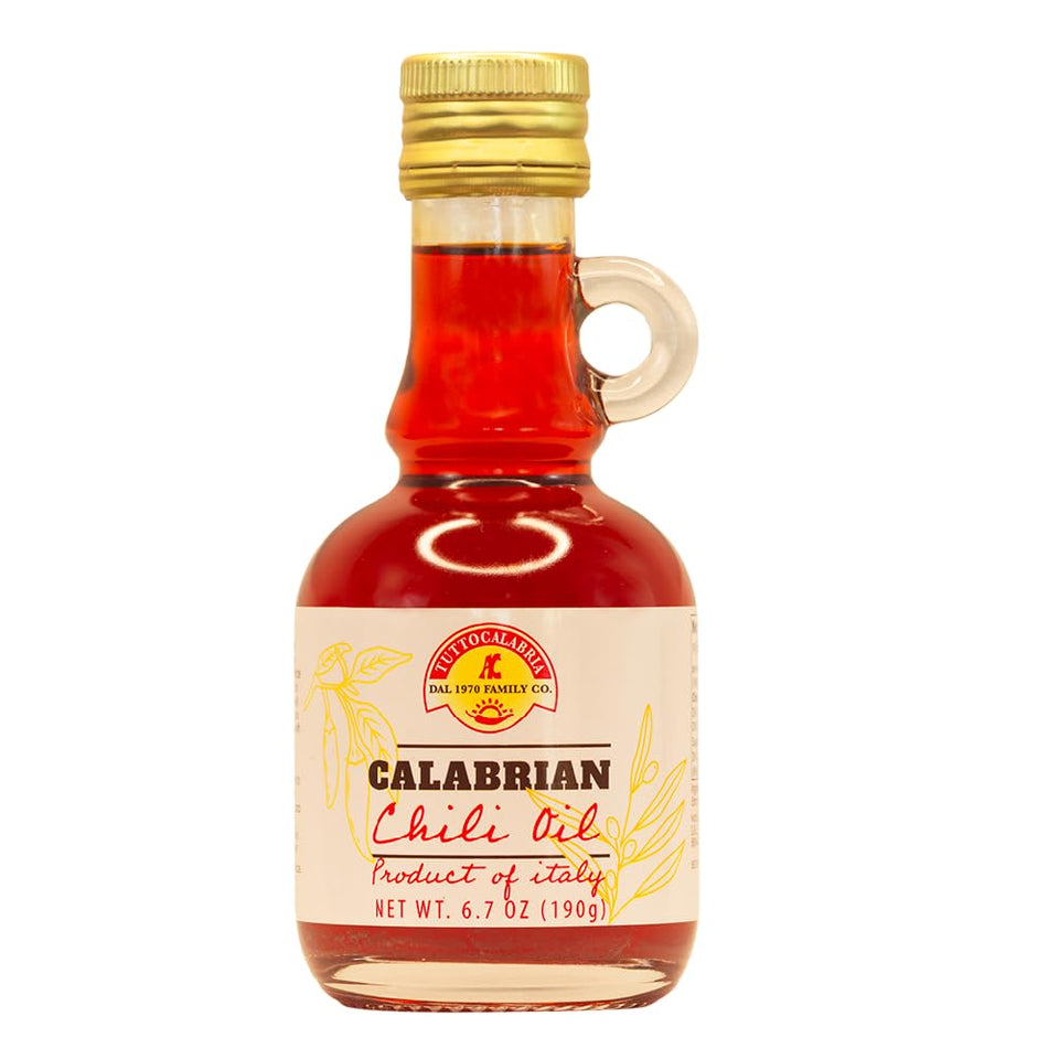TuttoCalabria Calabrian chili oil bottle ready for cooking