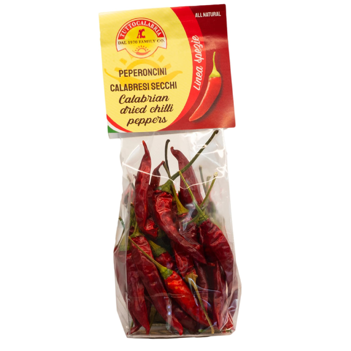 TUTTOCALABRIA dried Calabrian chili peppers on stem for cooking and decoration.