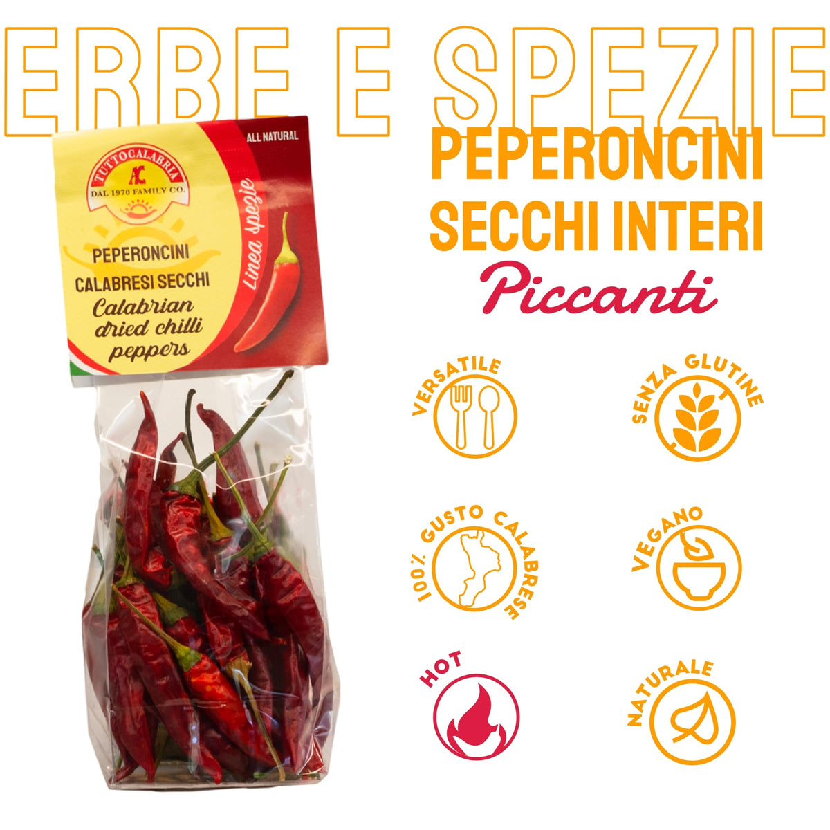 TUTTOCALABRIA long dried chilis close-up showing vibrant red color.