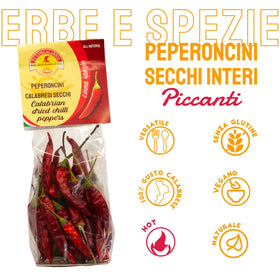 TUTTOCALABRIA long dried chilis close-up showing vibrant red color.