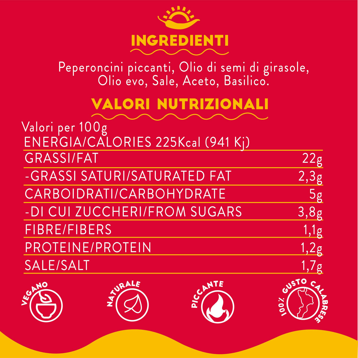 TUTTOCALABRIA ingredients label highlights 100% Italian, natural ingredients and non-GMO quality.