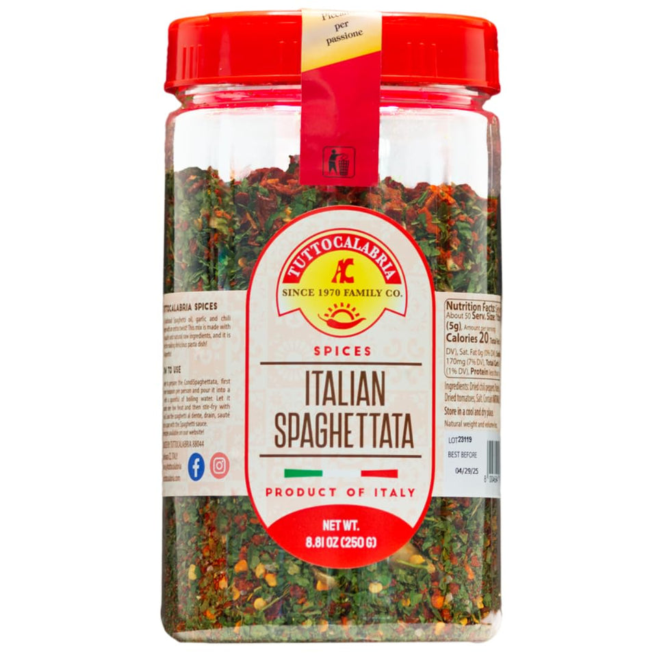 TUTTOCALABRIA spaghetti sauce seasoning bottle boosts bold flavor for quick pasta nights.
