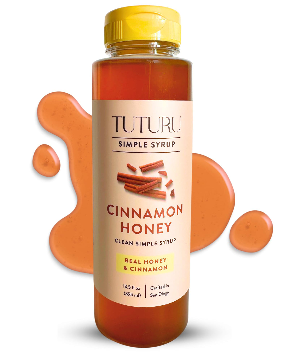 TUTURU Botanical Coffee syrup bottle front shows real cinnamon and honey for beverages.
