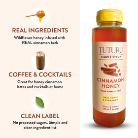 Cinnamon sticks and honey highlight real ingredients for flavoring drinks.