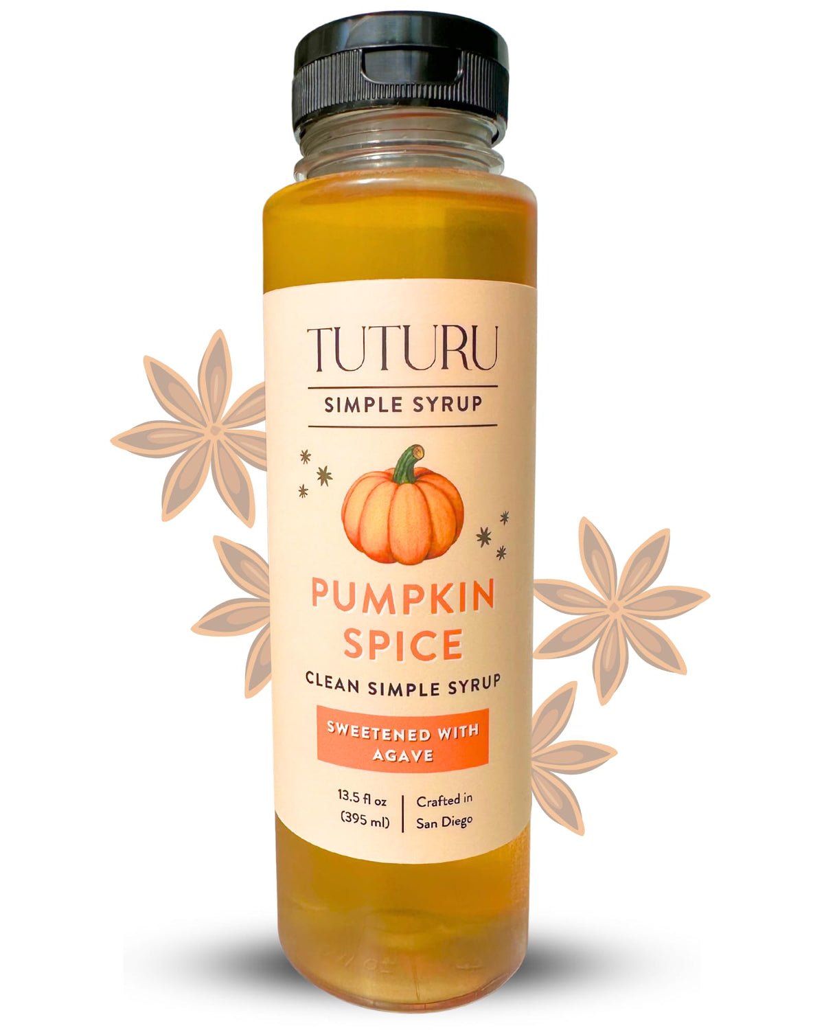 Tuturu Pumpkin Spice Agave Syrup bottle showcases real pumpkin spices for warm coffee