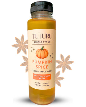 Tuturu Pumpkin Spice Agave Syrup bottle showcases real pumpkin spices for warm coffee