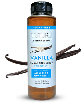 TUTURU Botanical Coffee sugar free vanilla syrup bottle shows clean label and real vanilla infusion.