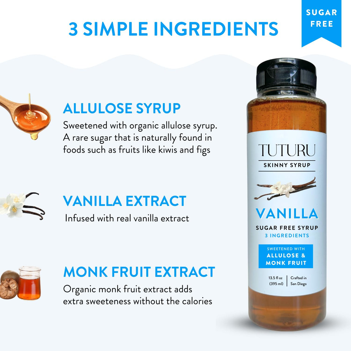 TUTURU vanilla syrup being poured, suitable for coffee and cocktails.