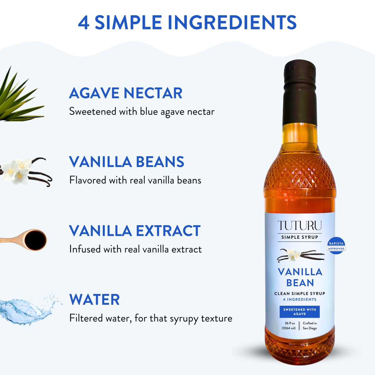 Pouring Tuturu Vanilla Agave Syrup into a drink for vanilla sweetness